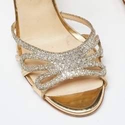 Jimmy Choo Gold Laminated Leather and Glitter Zip Sandals Size 37