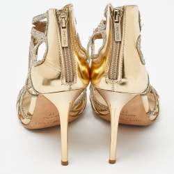 Jimmy Choo Gold Laminated Leather and Glitter Zip Sandals Size 37