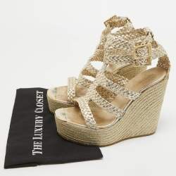 Jimmy Choo Gold Braided Leather Wedge Sandals Size 39