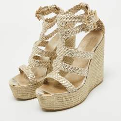 Jimmy Choo Gold Braided Leather Wedge Sandals Size 39