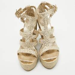 Jimmy Choo Gold Braided Leather Wedge Sandals Size 39