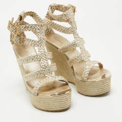 Jimmy Choo Gold Braided Leather Wedge Sandals Size 39