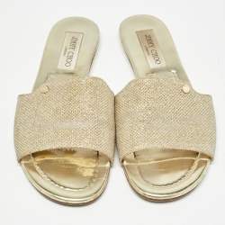 Jimmy Choo Gold Glitter Nanda Flat Slides Size 38.5