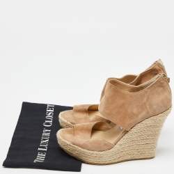 Pre Owned Jimmy Choo Beige Suede Wedge Espadrille Ankle Strap Sandals Size 38.5