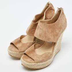 Pre Owned Jimmy Choo Beige Suede Wedge Espadrille Ankle Strap Sandals Size 38.5