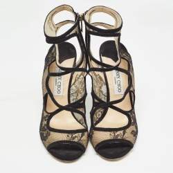Pre Owned Jimmy Choo Black Lace and Suede Strappy Sandals Size 41