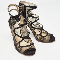 Pre Owned Jimmy Choo Black Lace and Suede Strappy Sandals Size 41