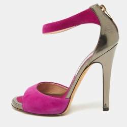Jimmy Choo Purple/Metallic Grey Suede and Leather Ankle Strap Sandals Size 37.5