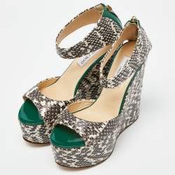 Pre Owned Jimmy Choo Tri Color Snakeskin and Patent Leather Wedge Sandals Size 38.5