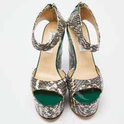 Pre Owned Jimmy Choo Tri Color Snakeskin and Patent Leather Wedge Sandals Size 38.5
