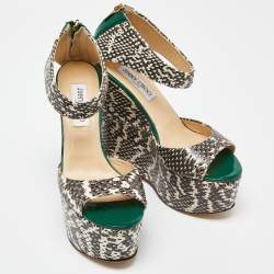 Pre Owned Jimmy Choo Tri Color Snakeskin and Patent Leather Wedge Sandals Size 38.5