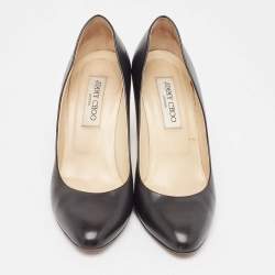 Pre Owned Jimmy Choo Black Leather Round Toe Pumps Size 37.5