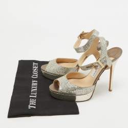 Jimmy Choo Silver Glitter Linda Ankle Strap Sandals Size 38