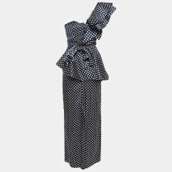 Pre Owned Johanna Ortiz Navy Blue Polka Dot Silk Ruffled Rousseau Maxi Dress M