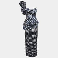 Pre Owned Johanna Ortiz Navy Blue Polka Dot Silk Ruffled Rousseau Maxi Dress M