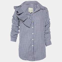 مملوكة مسبقًا Johanna Ortiz Navy Blue Checked Cotton Cellophane Flower Shirt M