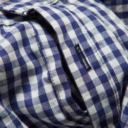 مملوكة مسبقًا Johanna Ortiz Navy Blue Checked Cotton Cellophane Flower Shirt M