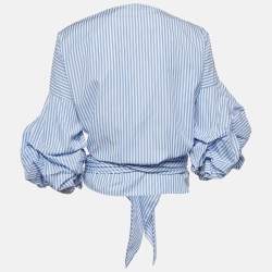 Johanna Ortiz Blue Stripe Cotton Blend Wrap Around Blouse M