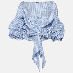 Johanna Ortiz Blue Stripe Cotton Blend Wrap Around Blouse M