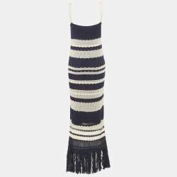 مملوكة مسبقًا Johanna Ortiz Off-White/Navy Blue Knit Sleeveless Fringed Maxi Dress M