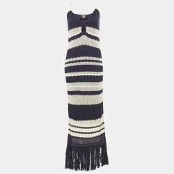 مملوكة مسبقًا Johanna Ortiz Off-White/Navy Blue Knit Sleeveless Fringed Maxi Dress M