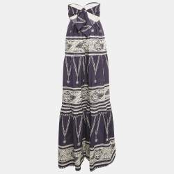 مملوكة مسبقًا فستان جوهانا أورتيز قطن أزرق داكن مطبوع بدون حمالات بتفاصيل ربطة أورليا ديل مار ماكسي مقاس متوسط (ميديوم)