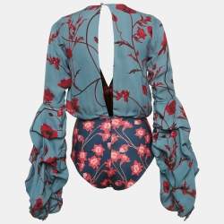 مملوكة مسبقًا Johanna Ortiz Blue Floral Print Silk Blend Bow Detail Bodysuit XS