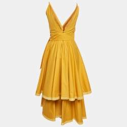 Johanna Ortiz Yellow Poplin Fringe Tiered Midi Dress S