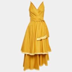 Johanna Ortiz Yellow Poplin Fringe Tiered Midi Dress S