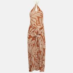 Pre Owned Johanna Ortiz Orange Printed Silk Wrap Detail Maxi Dress L