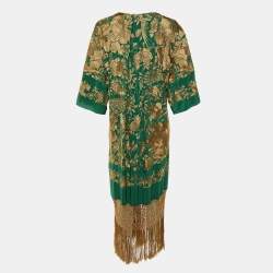 مملوكة مسبقًا فستان جوهانا أورتيز حرير أخضر مطرز كونتيغو إن لا د�يستانسيا مع شرايب مقاس صغير (سمول)