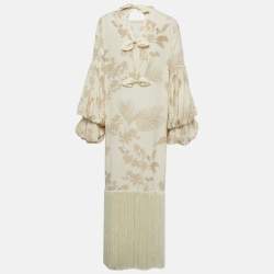 مملوكة مسبقًا فستان جوهانا أورتيز حرير بيج مطبوع مع تفاصيل شراشيب مقاس متوسط (ميديم)