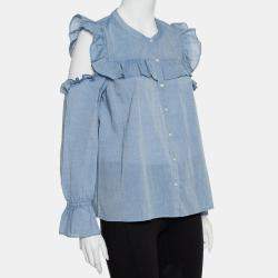 Joie Blue Cotton Cold Shoulder Ruffled Button Front Akari Top M