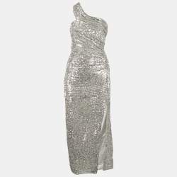 Jonathan Simkhai Silver One Shoulder Sequin Midi Dress S