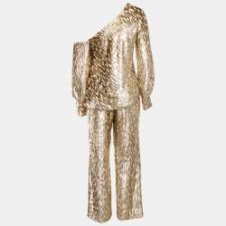 Pre Owned Jonathan Simkhai Gold Silk and Lurex Top and Pants Set S/XS