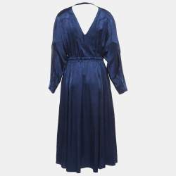 Jonathan Simkhai Navy Blue Santiago Godet Silk Midi Dress S