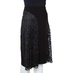 Pre Owned Joseph Black Stretch Crepe Pleated Lace Courtney Skirt M