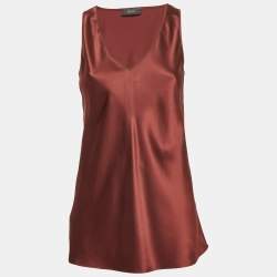 Pre Owned Joseph Burgundy Satin Silk V-Neck Belva Blouse M