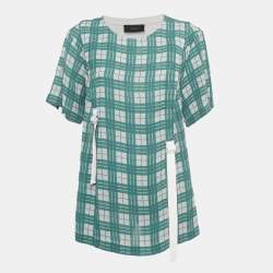Pre Owned Joseph Green /White Checkered Cotton & Crepe Belt Detail T-Shirt L