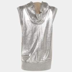 Pre Owned Joseph Silver Foil Leather Sleeveless Hooded Jacket M
