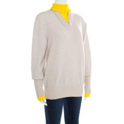 Joseph Beige and Yellow Faux Layered V+High Neck Wool Blend Sweater M