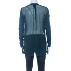 Pre Owned كارديغان قصات أزرار أمامية صوف و حرير أزرق مخضر M