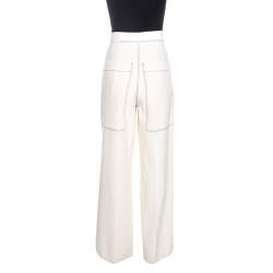 Pre Owned Joseph Cream Crepe Contrast Stitch Wide Leg Kirn Trousers M