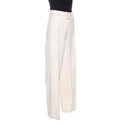 Pre Owned Joseph Cream Crepe Contrast Stitch Wide Leg Kirn Trousers M
