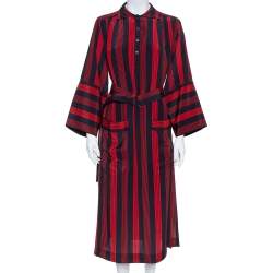 Joseph Red/Blue Striped Chester Crepe de Chine Silk Midi Dress M