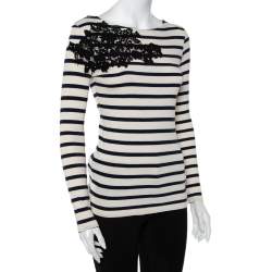 Joseph Beige & Navy Blue Striped Cotton Lace Patch Detail T-Shirt S
