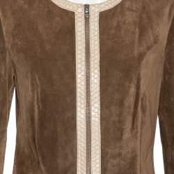 Joseph Brown Suede Contrast Trim Detail Collarless Zip Front Jacket L
