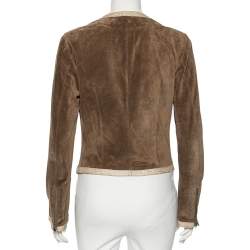 Joseph Brown Suede Contrast Trim Detail Collarless Zip Front Jacket L
