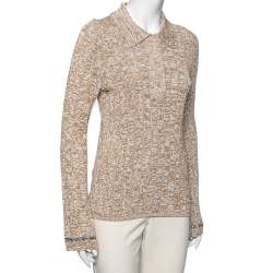 Joseph Beige Patterned Ribbed Knit Long Sleeve Polo Sweater L