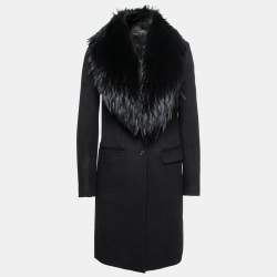 Joseph Black Wool Detachable Fur Collar Mid-Length Coat S   